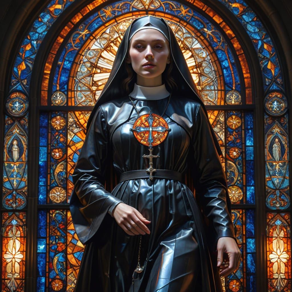 Vibrant Stained Glass Nun Portrait in Gothic Style