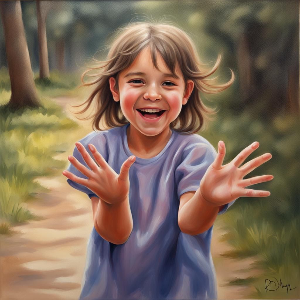 Happy Autistic Girl Flapping Hands in Painting