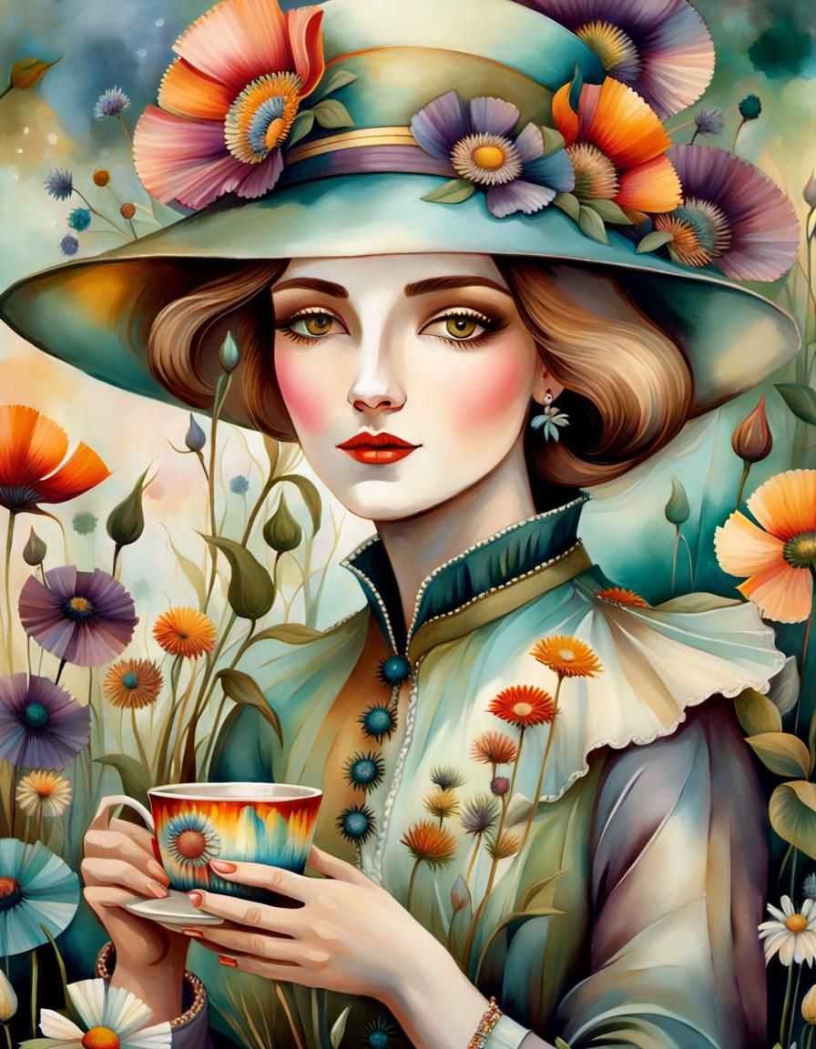 Victorian Woman Drinking Tea in Pastel Drawing Style