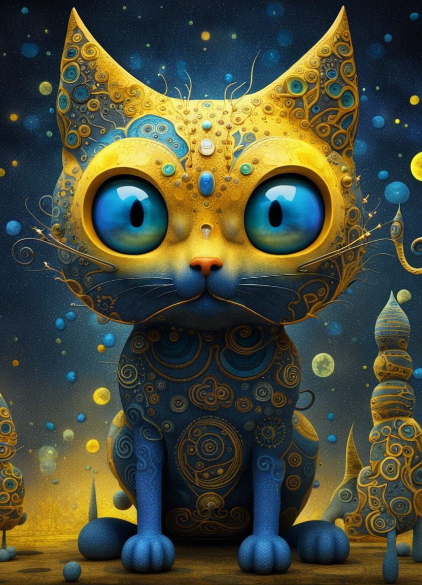 3D art, blue and yellow, fantasy mysterious cat