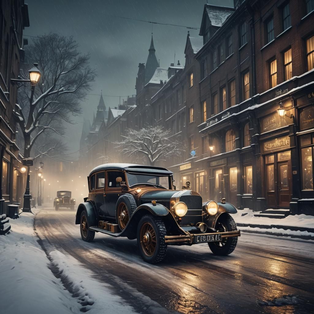 Steampunk Mercedes in Snowy London Street
