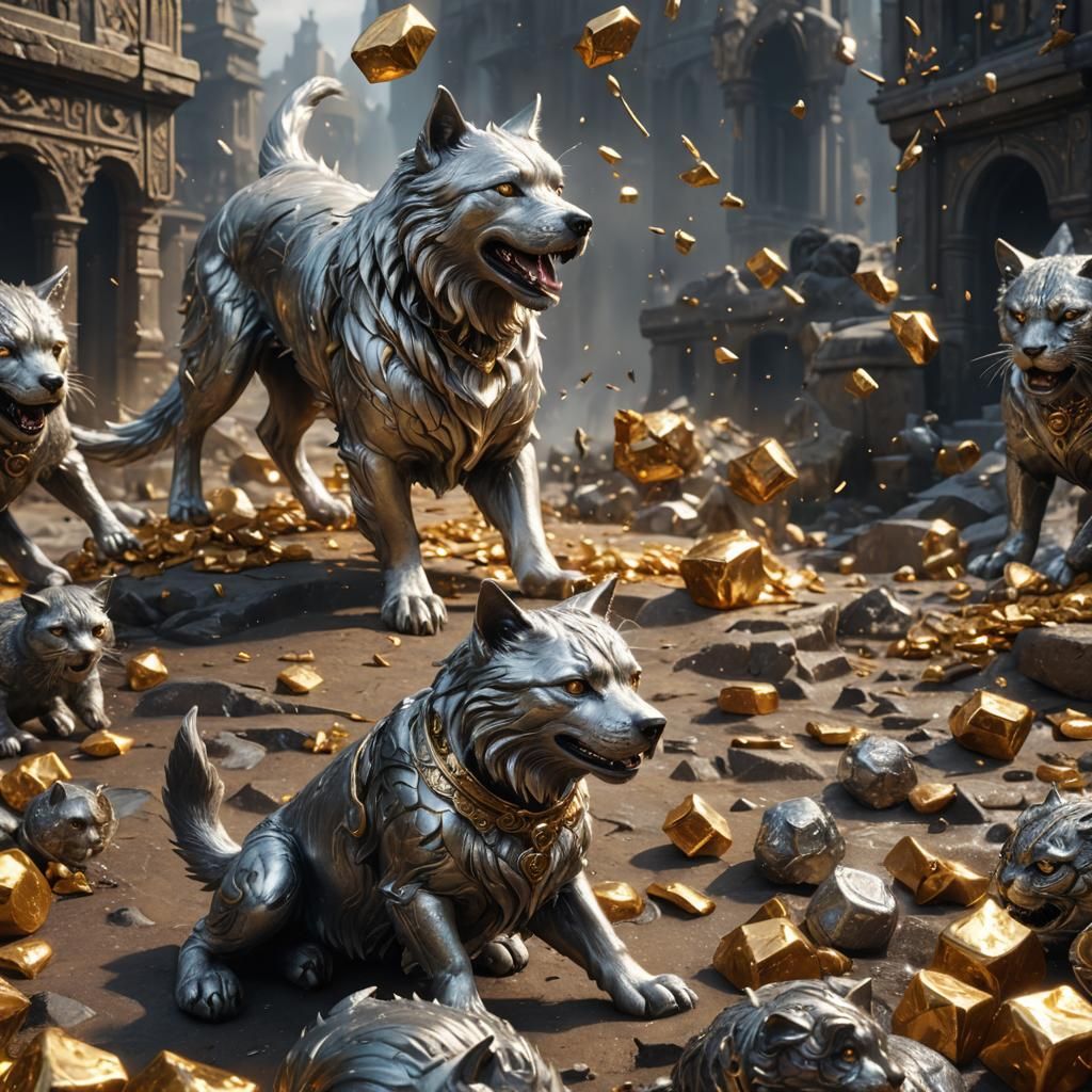Silver Dog vs Gold Cat: Detailed Fantasy Art