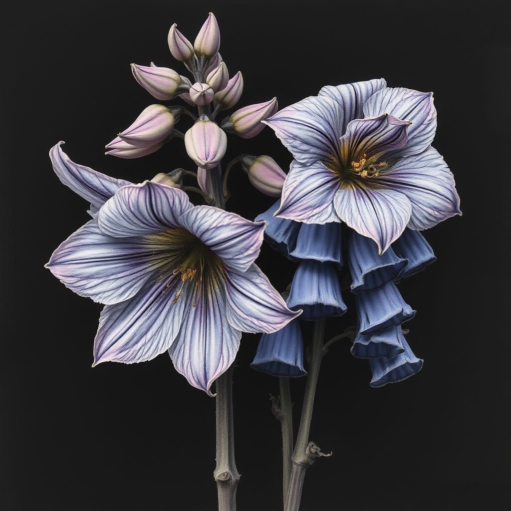 Detailed Charcoal Drawing of Delphinium and Monkshood Flower...