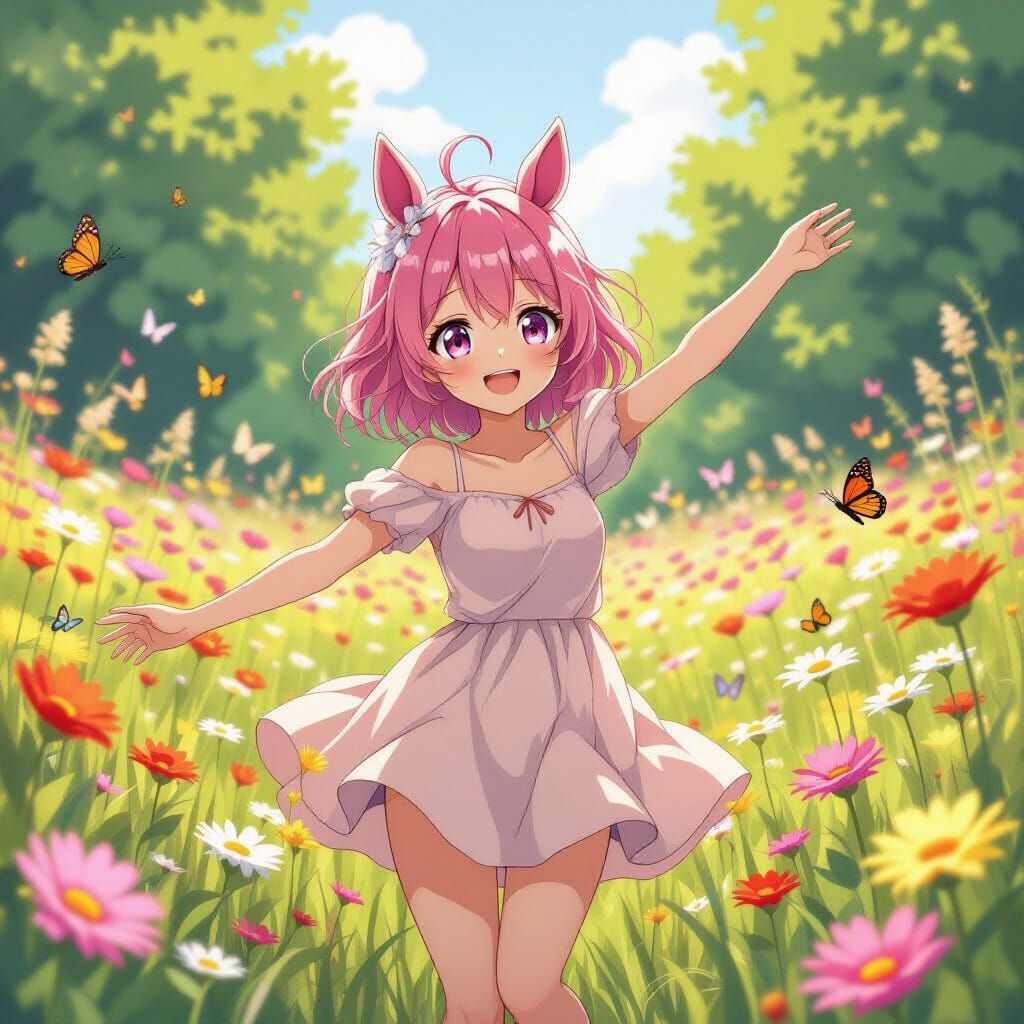 Anime Girl Dancing in Wildflower Meadow