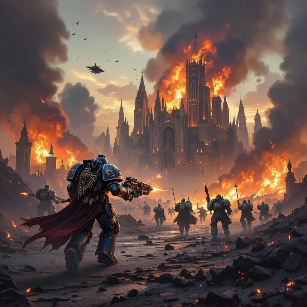 Traitor Marines Flee Burning Terra, Pursued by Primarchs