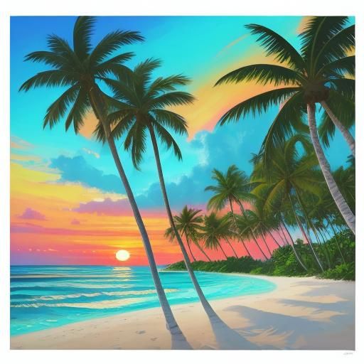 Tropical Island Paradise Oil Painting at Sunset