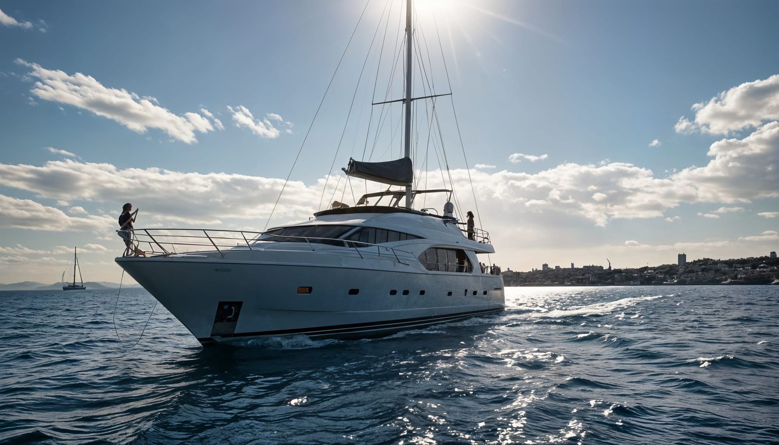 Luxury Yacht Sailing Sunny European Coastline in Photorealis...