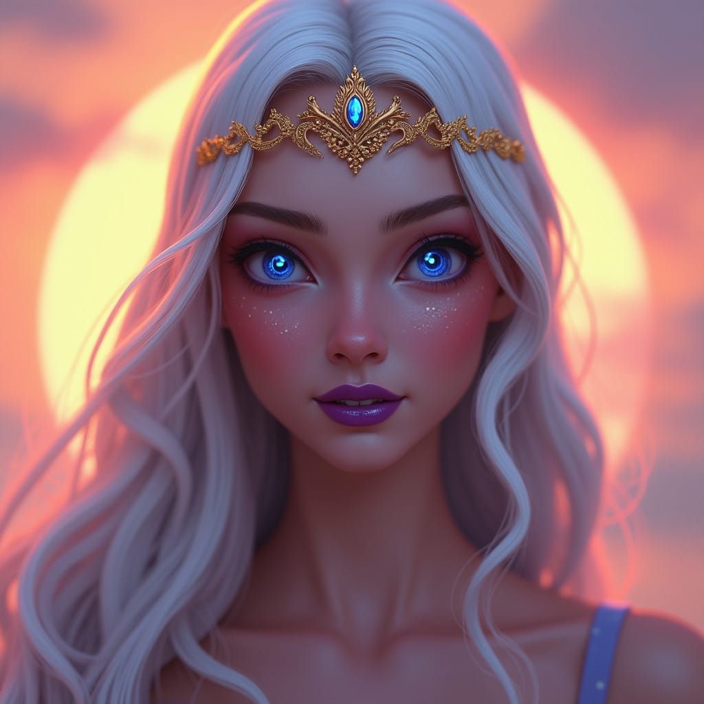 Enchanting Queen with Hypnotic Eyes Reigns Over a Vibrant Su...