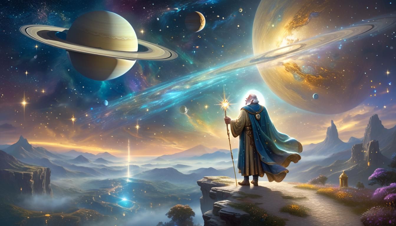 Saturn, God of Time, Studies the Universe