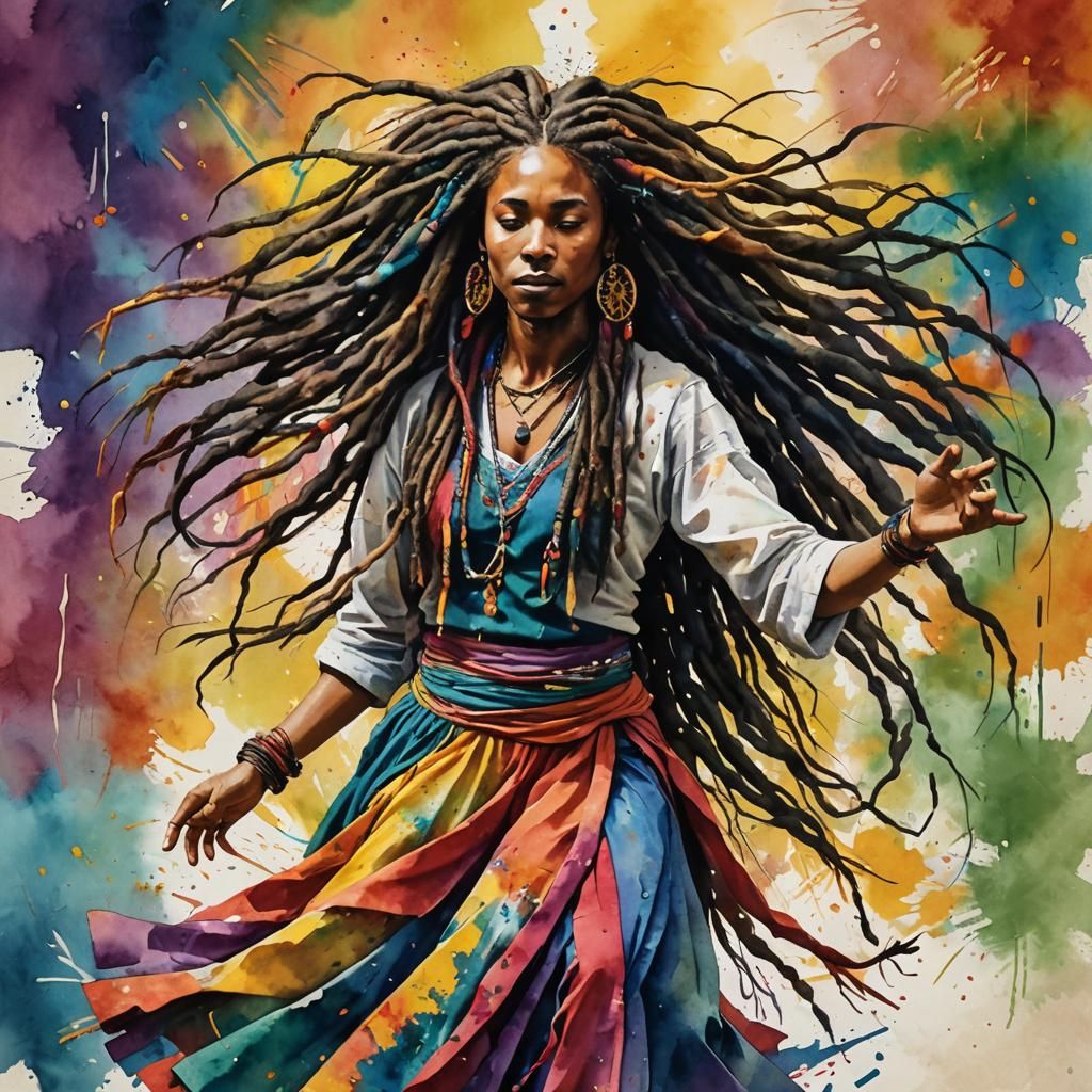 Woman with Dreadlocks Dancing in Watercolor Style