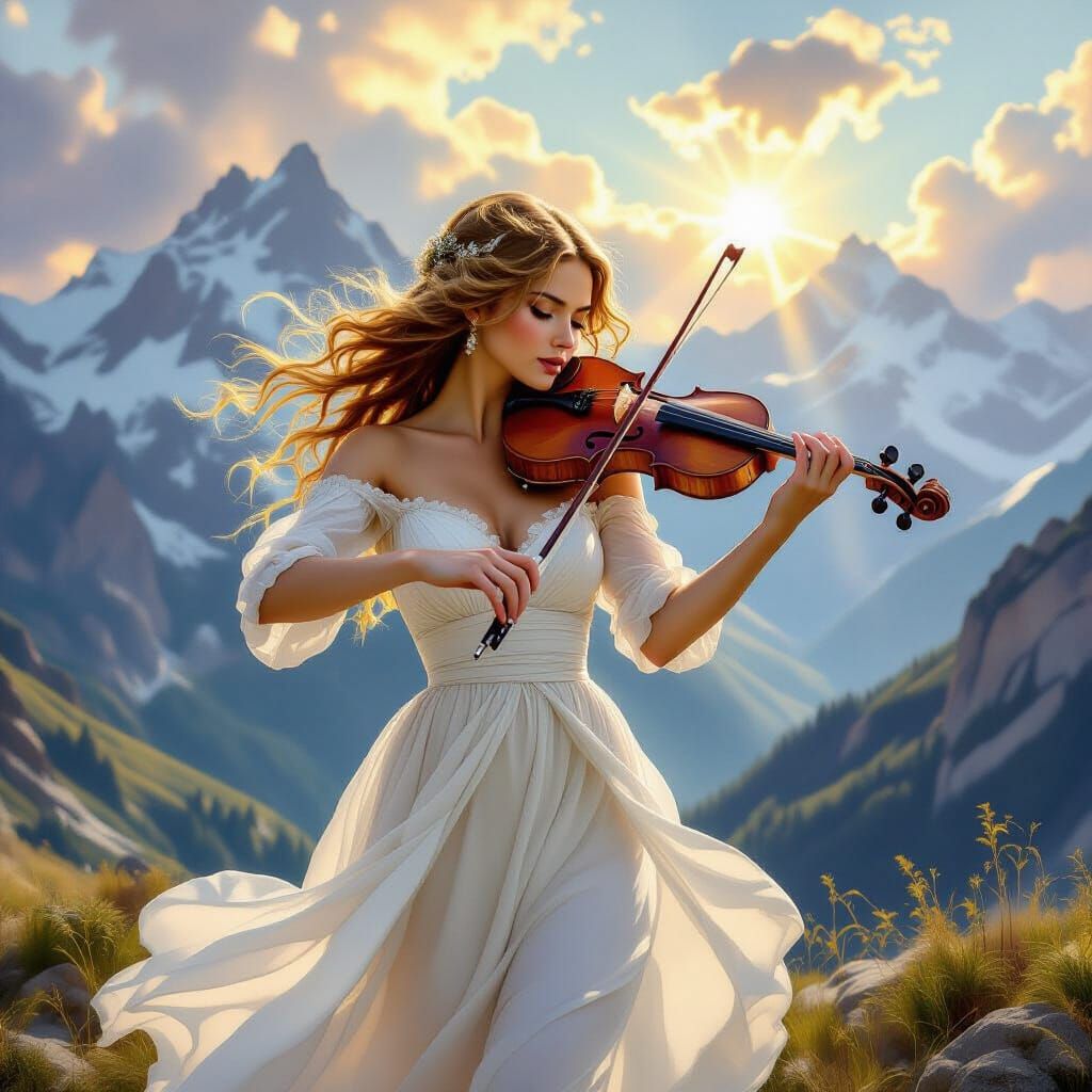 Ethereal Violinist in Mountains, Romantic Oil Painting