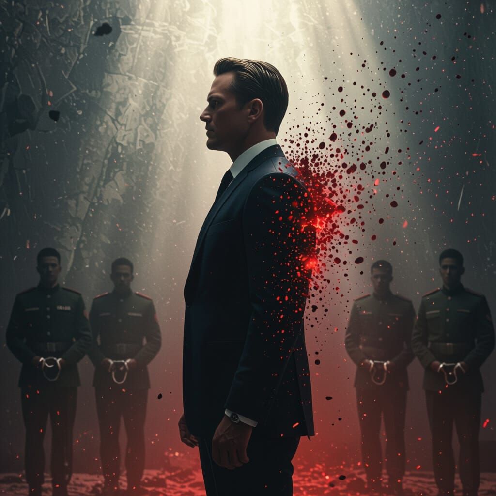 Stoic Man Disintegrating into Red Particles