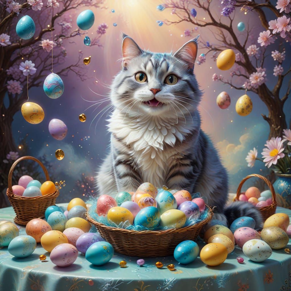Joyful Easter Cat Paints Whimsical Eggs in a Fantastical Sce...