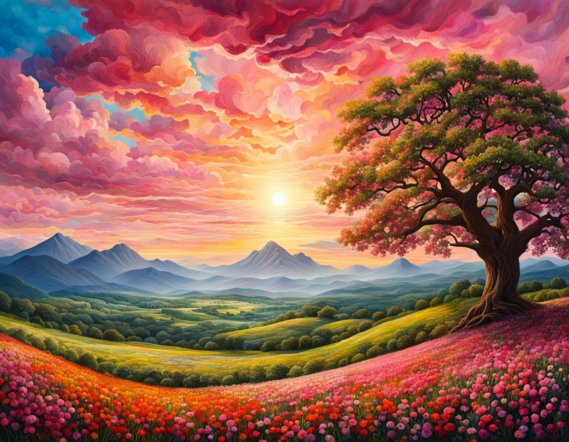 Lush Oak Tree Landscape Painting with Flowers