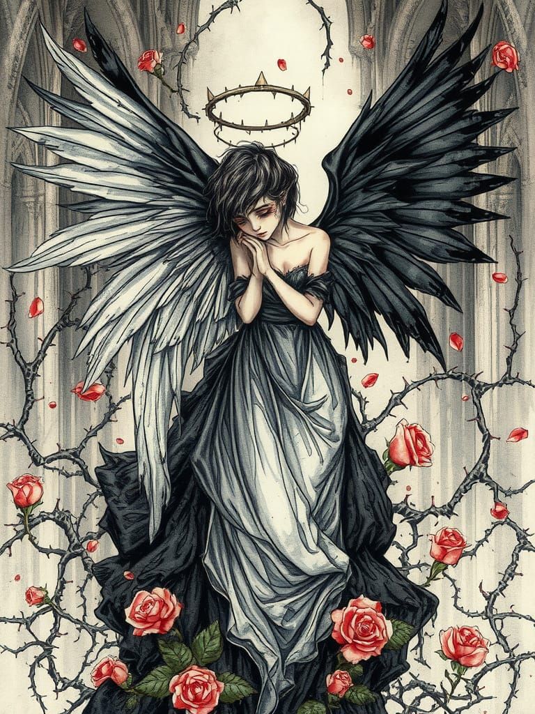 Fallen Angel Weeping in Thorn Cathedral, Dark Fantasy Art