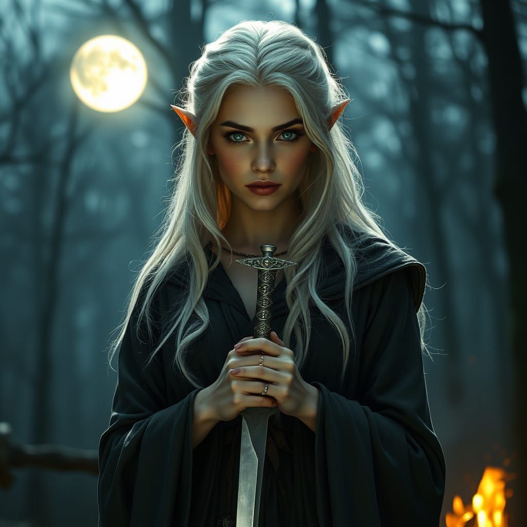 Elven Woman in Moonlit Forest, Cinematic Realism