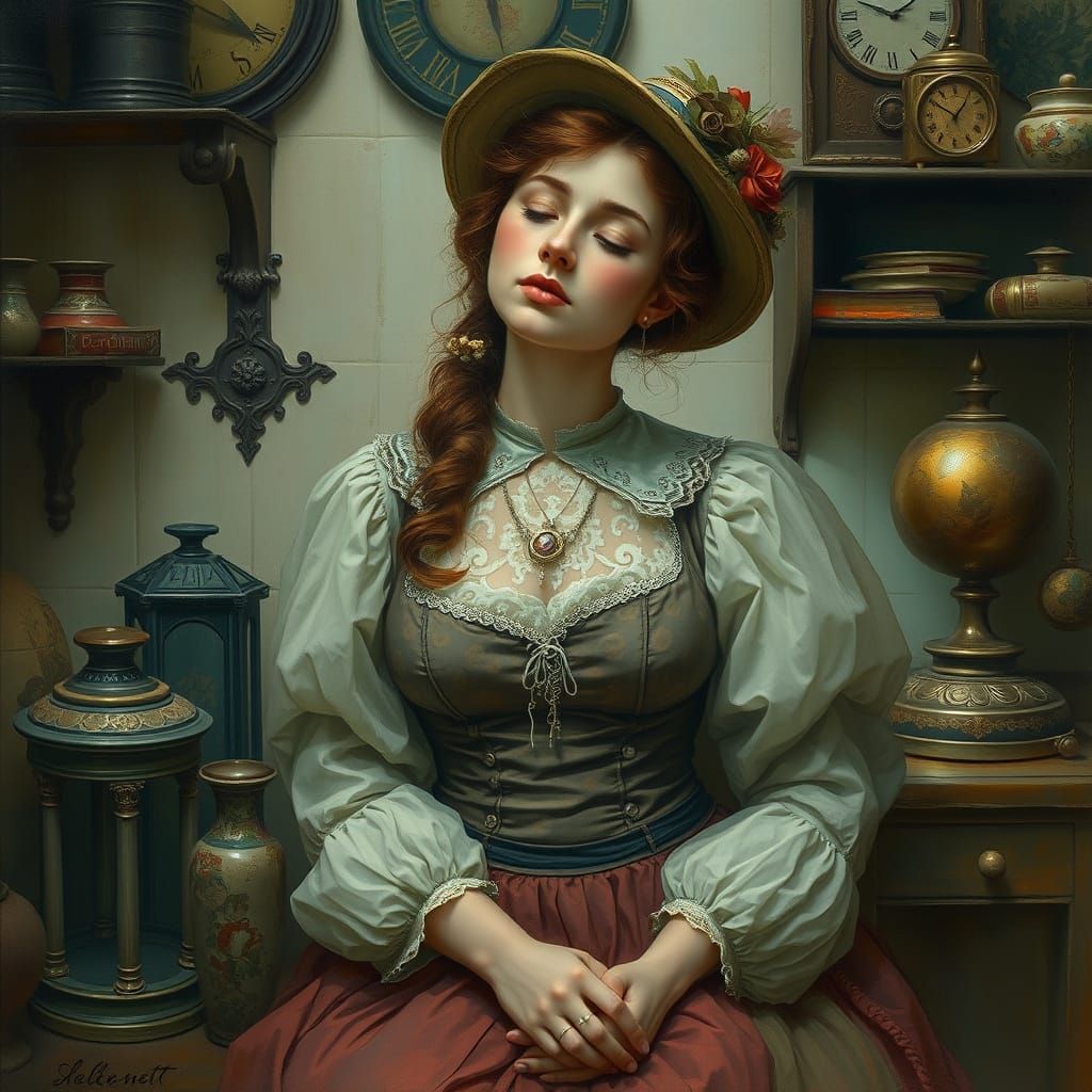 Woman in Nostalgic Attire with Ethereal Glow