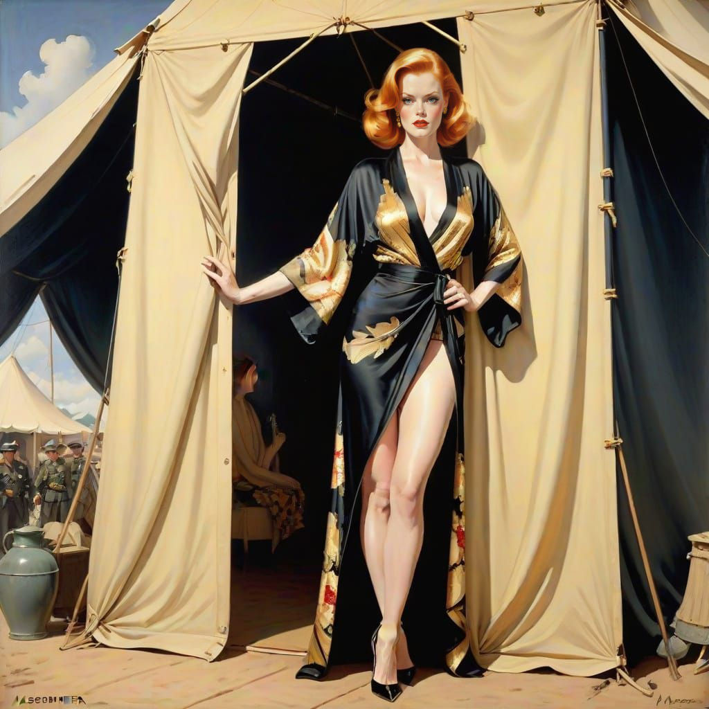 Impressionistic Painting: Woman in Kimono at Army Tent