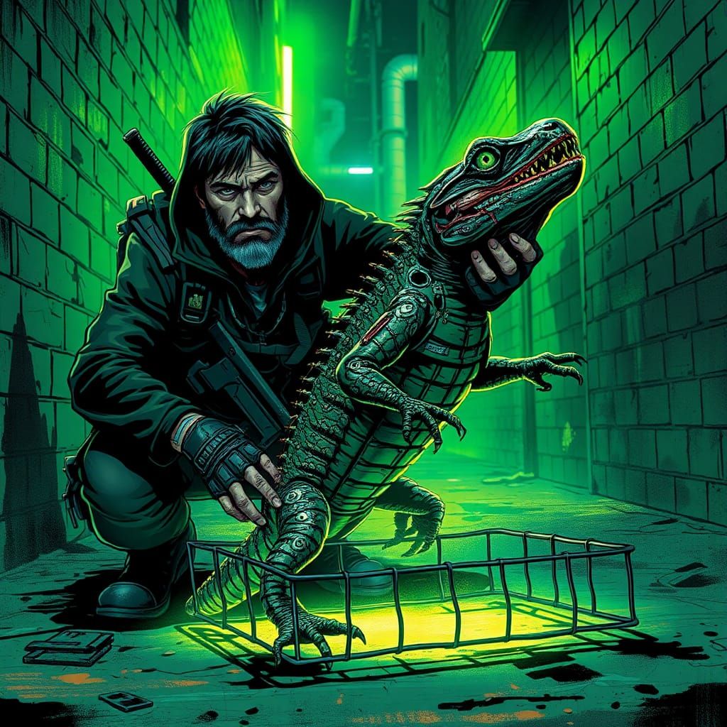 Urban Hunter with Cyberpunk Lizard Creature