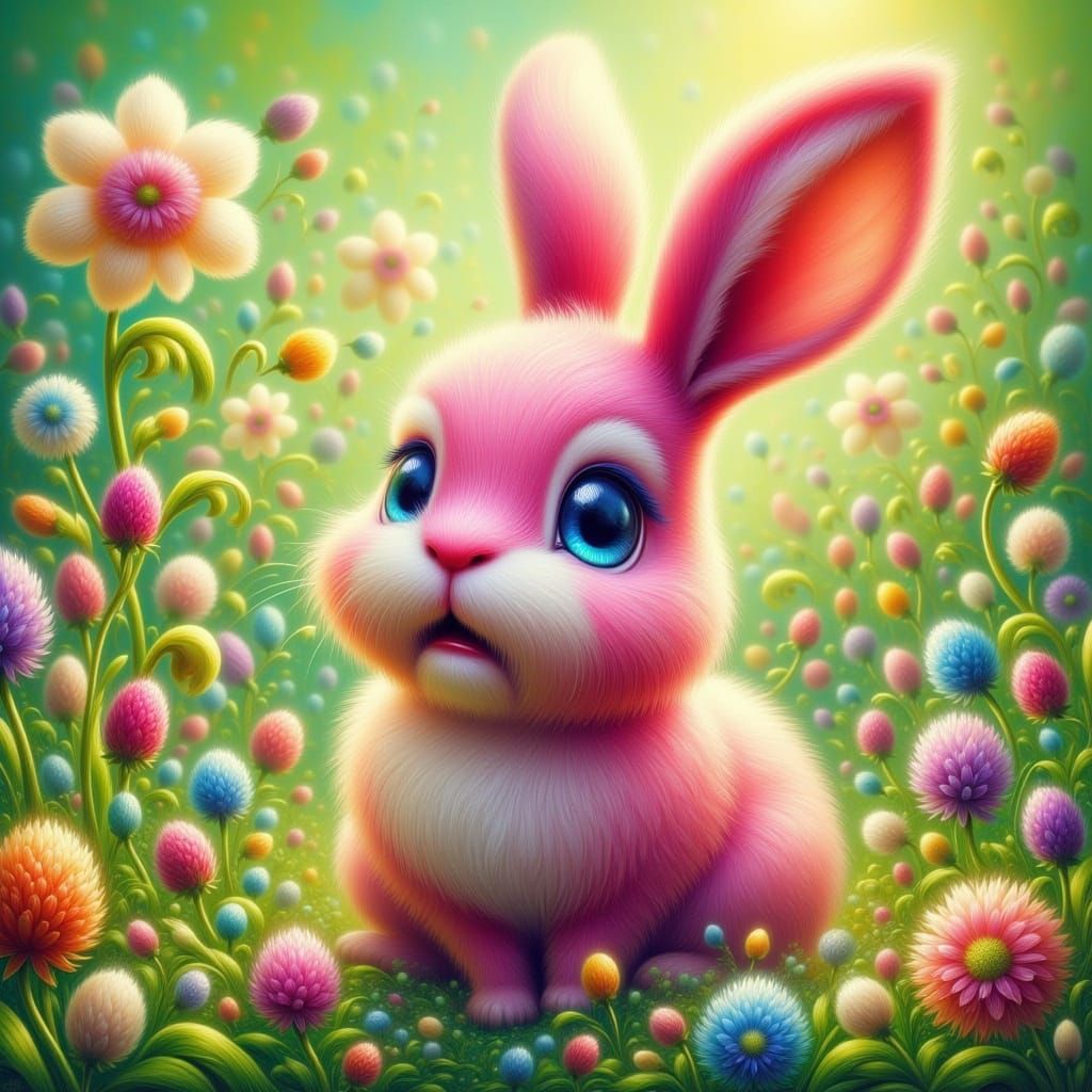 Pink Rabbit in Detailed Meadow, Colorful Oil Paint Style