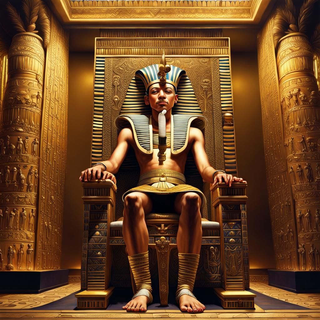 King Tutankhamun on Golden Throne: Hyperrealistic Art