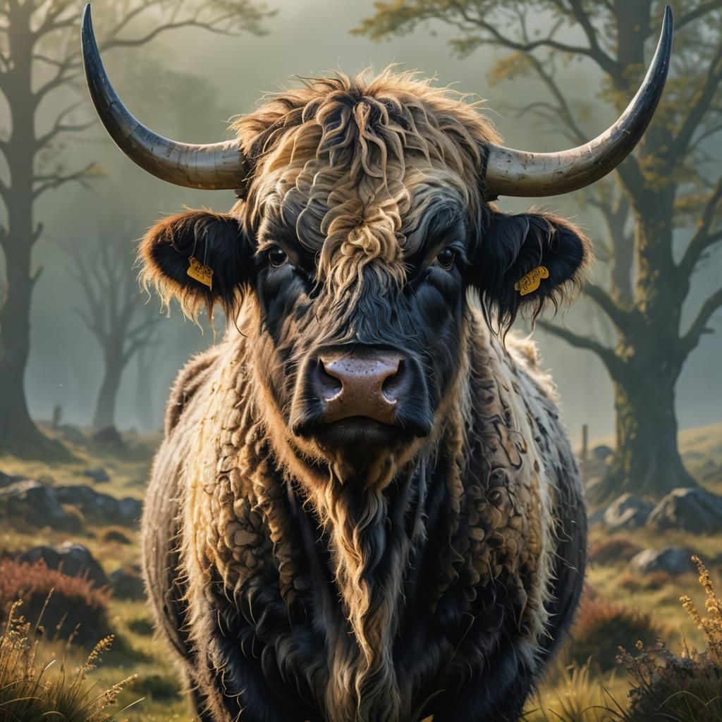 Galloway Cow Portrait in Misty Landscape