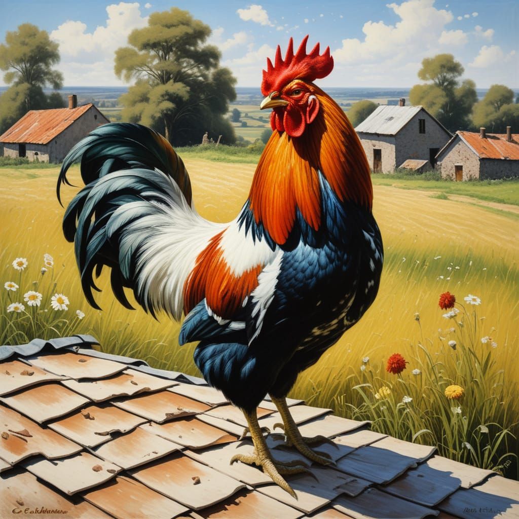 Vibrant Rooster on Bran Roof in Sunny Meadow