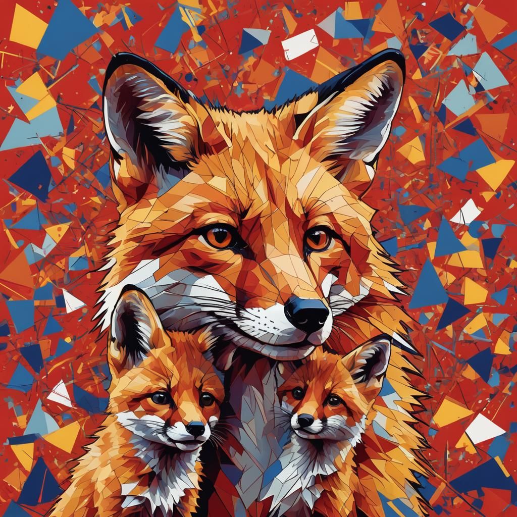 Fox and Cub Portrait in Pop Art Style