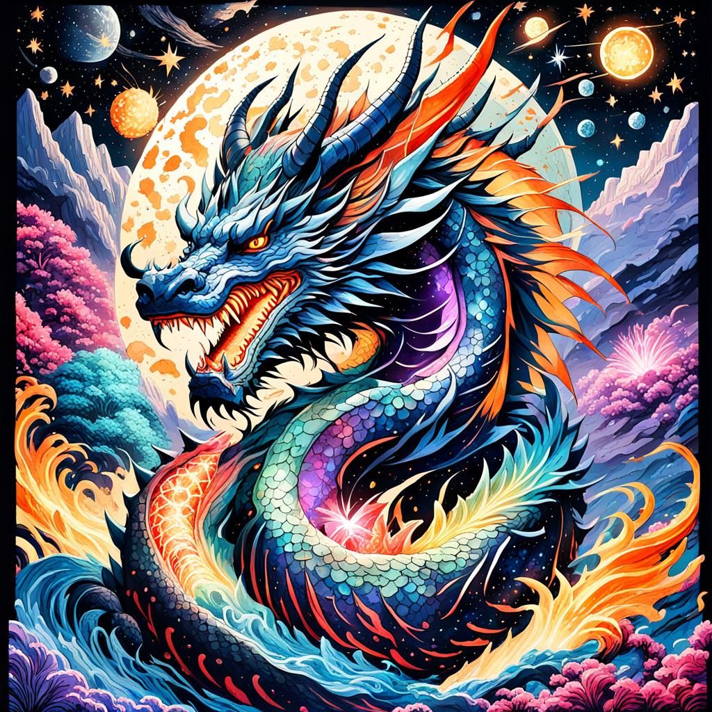 Ethereal Dragon Among Glowing Crystals in Gouache Style