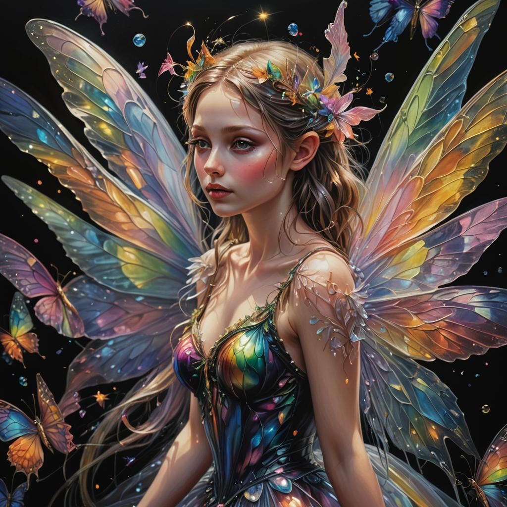 Hyperrealistic 5D oil painting on canvas, capturing a mesmerizing fairy in unparalleled 12K resolution. The fairy's deli...