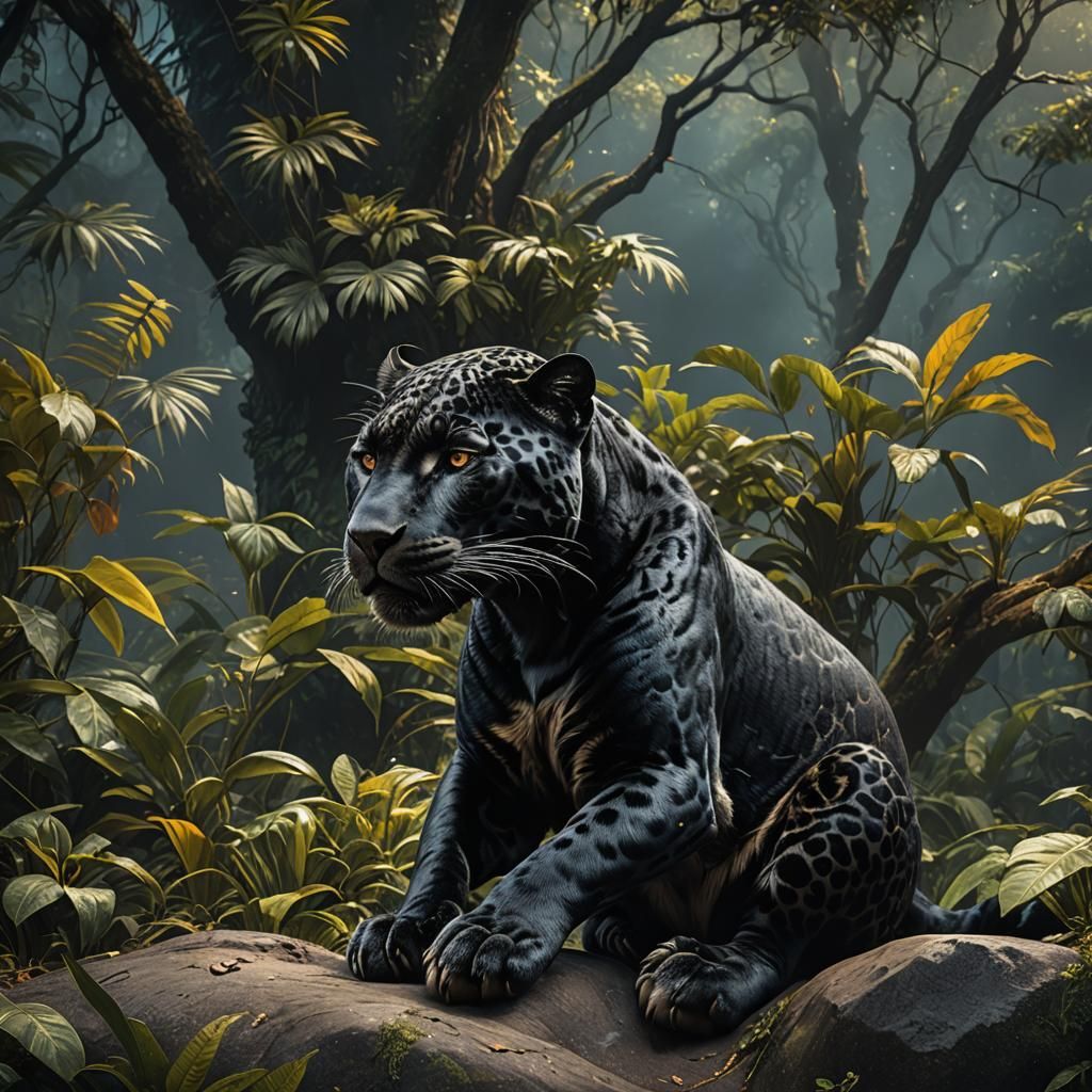 Resting Black Jaguar: Detailed Fantasy Concept Art
