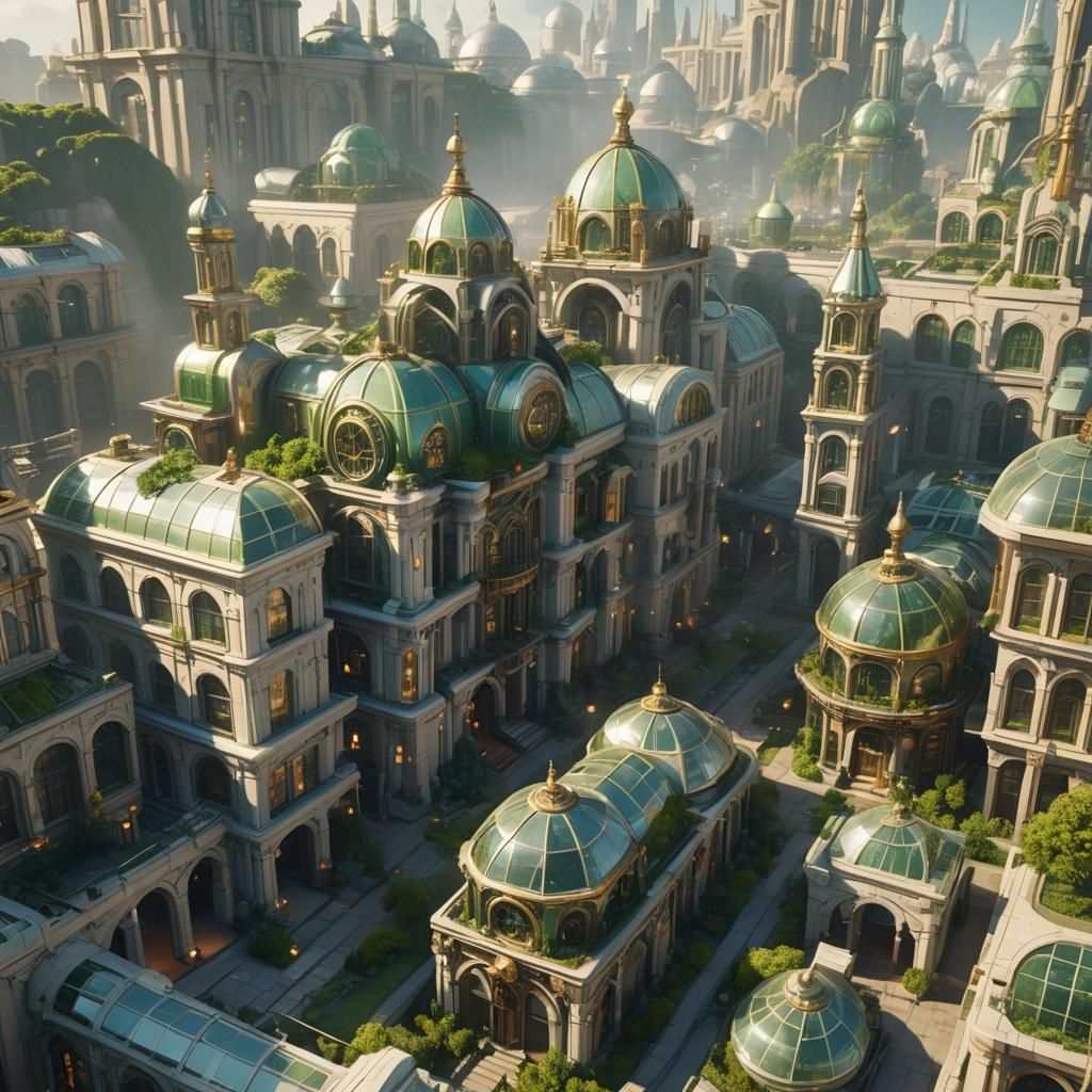 Steampunk Cityscape with Stained Glass Greenhouses