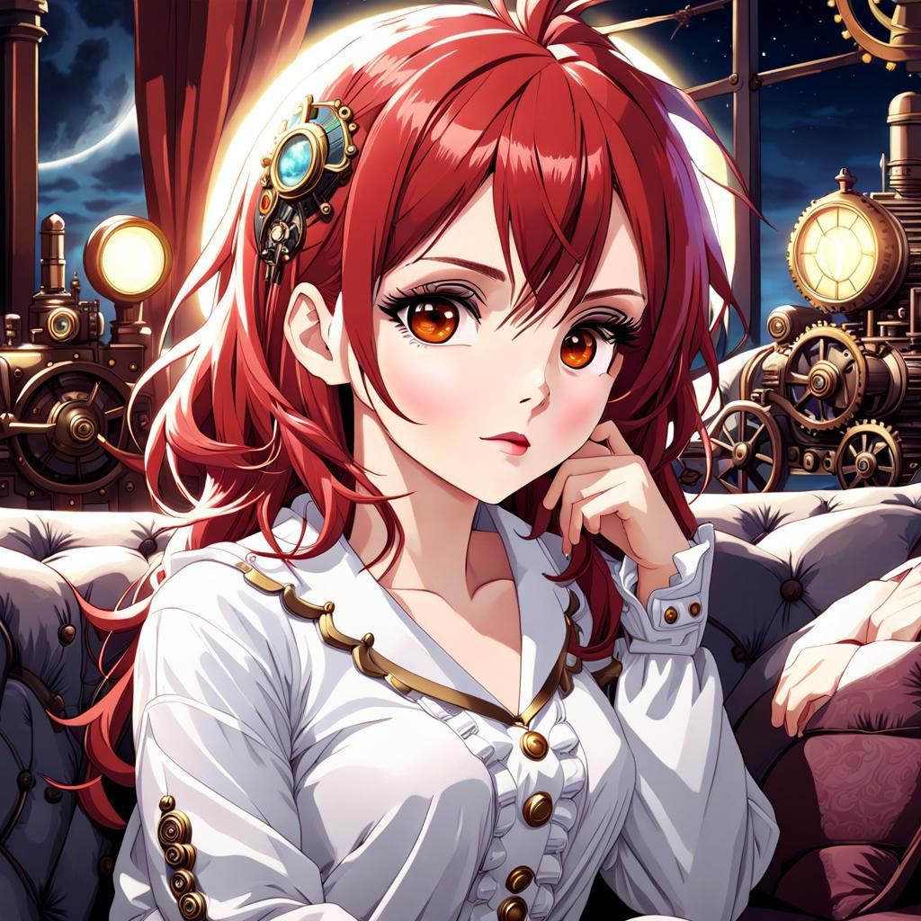 Anime Woman with Red Hair and Steampunk Engine
