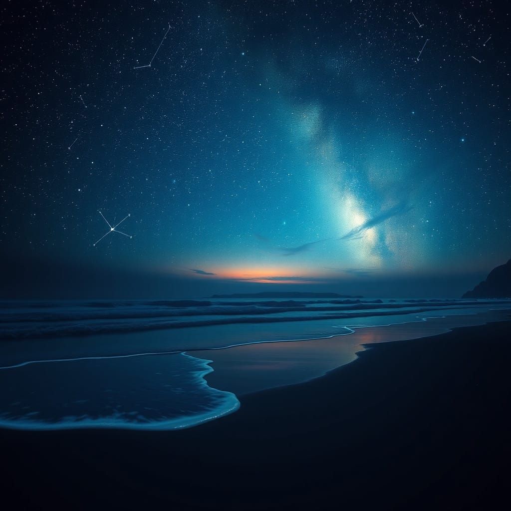 Surreal Beachside Night Sky with Bioluminescent Waves