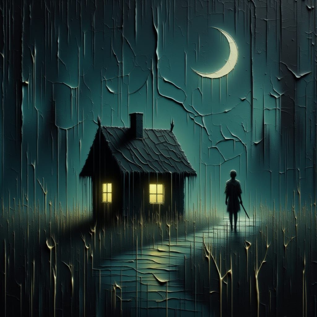 Lighted Swamp Hut at Night