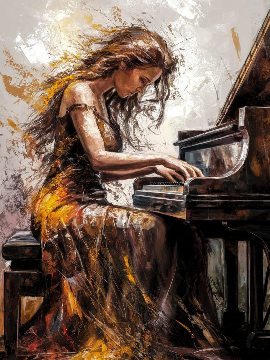 Oil painting splash art of a brown haired woman plying piano