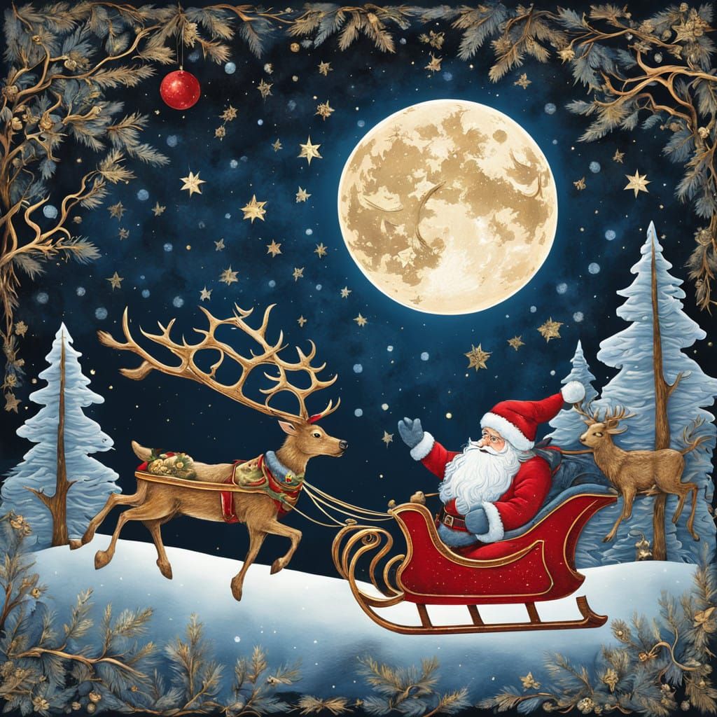 Traditional Woodcut Christmas Scene with Santa's Majestic Sl...