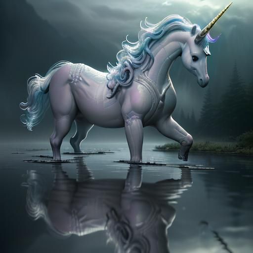 Smiling Unicorn Reflection in Hyperdetailed Ethereal Scene