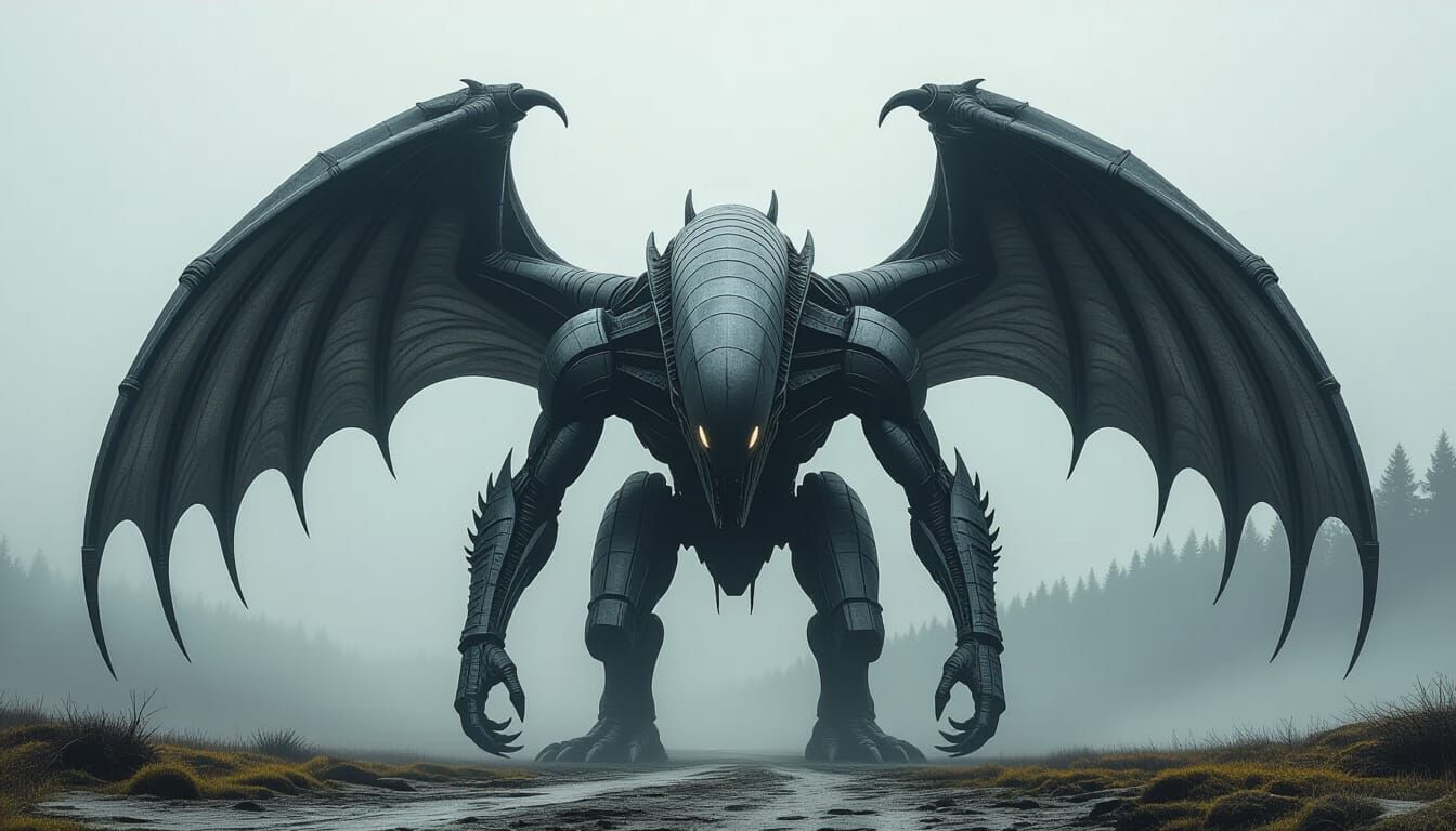 Biomechanical Creature with Serrated Wings in Surreal Style