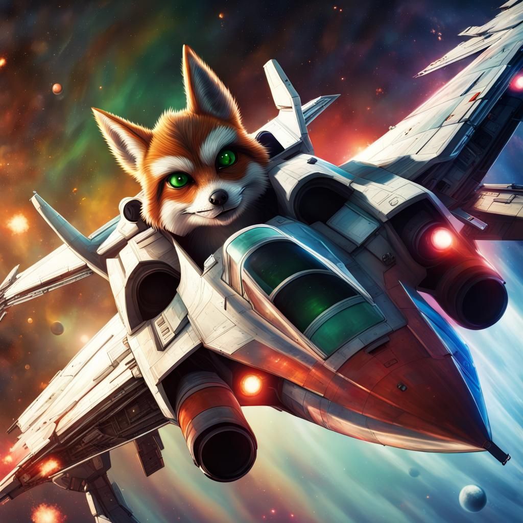 Star Fox Piloting X-Wing in Hyperrealistic Space Scene