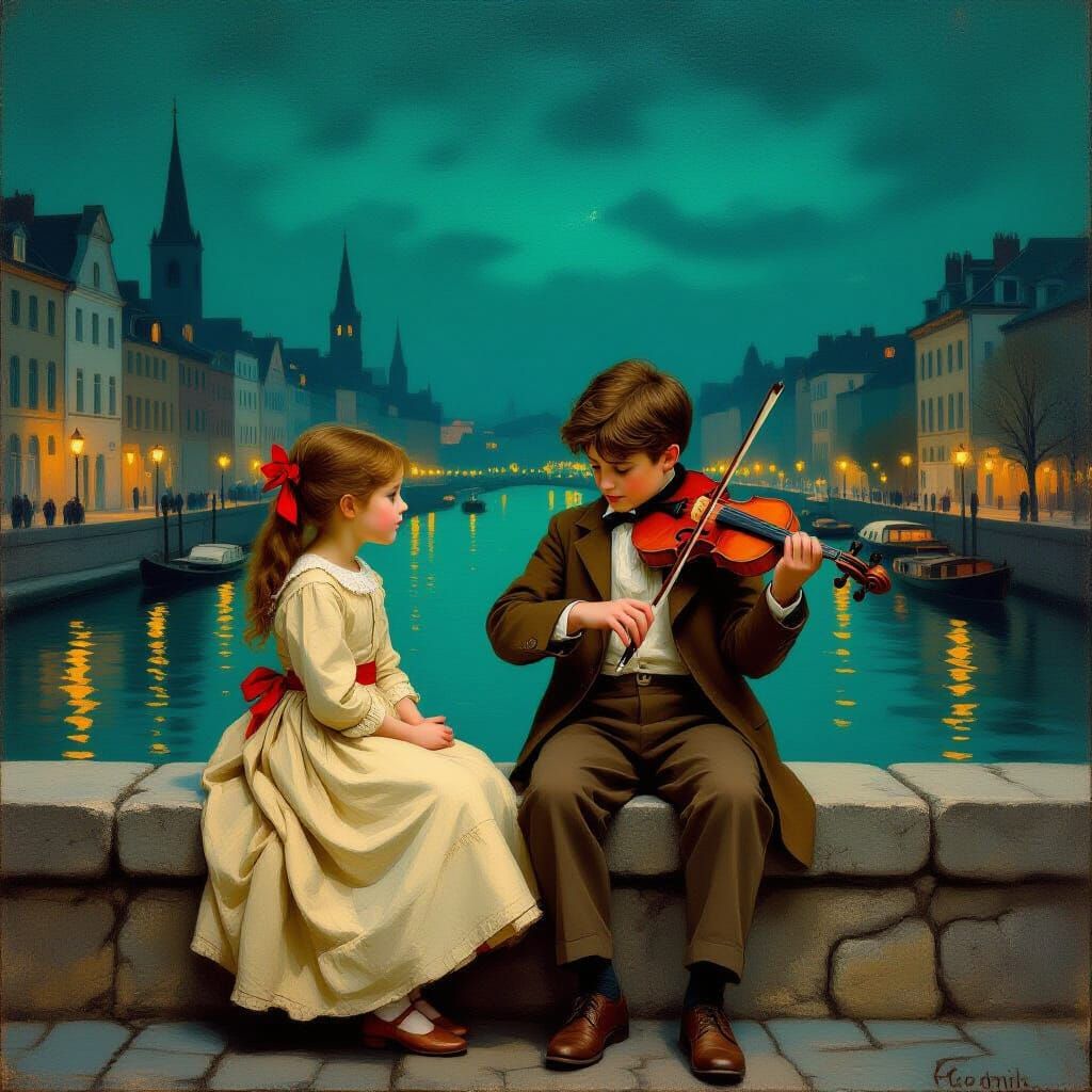 Impressionistic Canal Scene with Children at Night