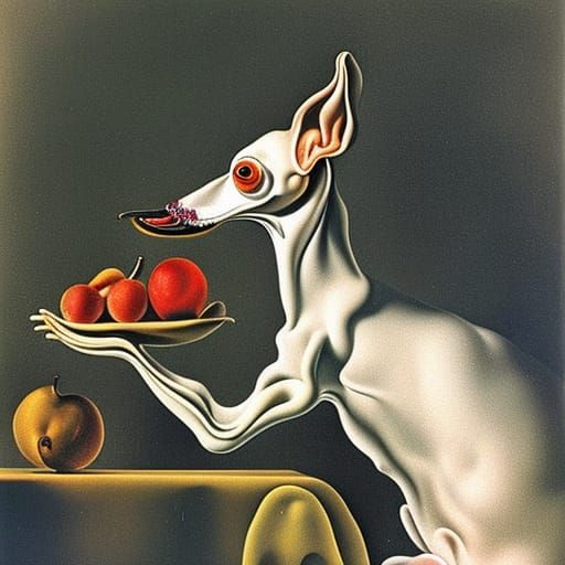 Giant Italian Greyhound Eating Fruit in Dali Style