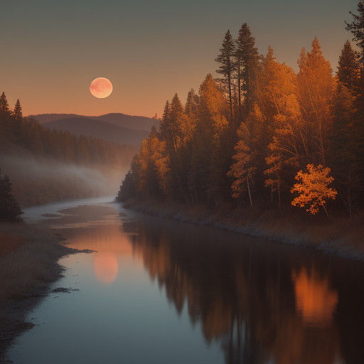 blood moon over a river valley