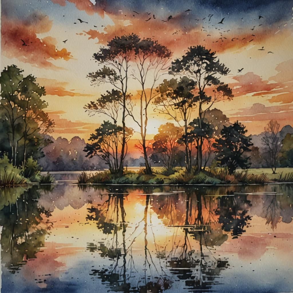 Vibrant Watercolor Sunset Painting Over Lake