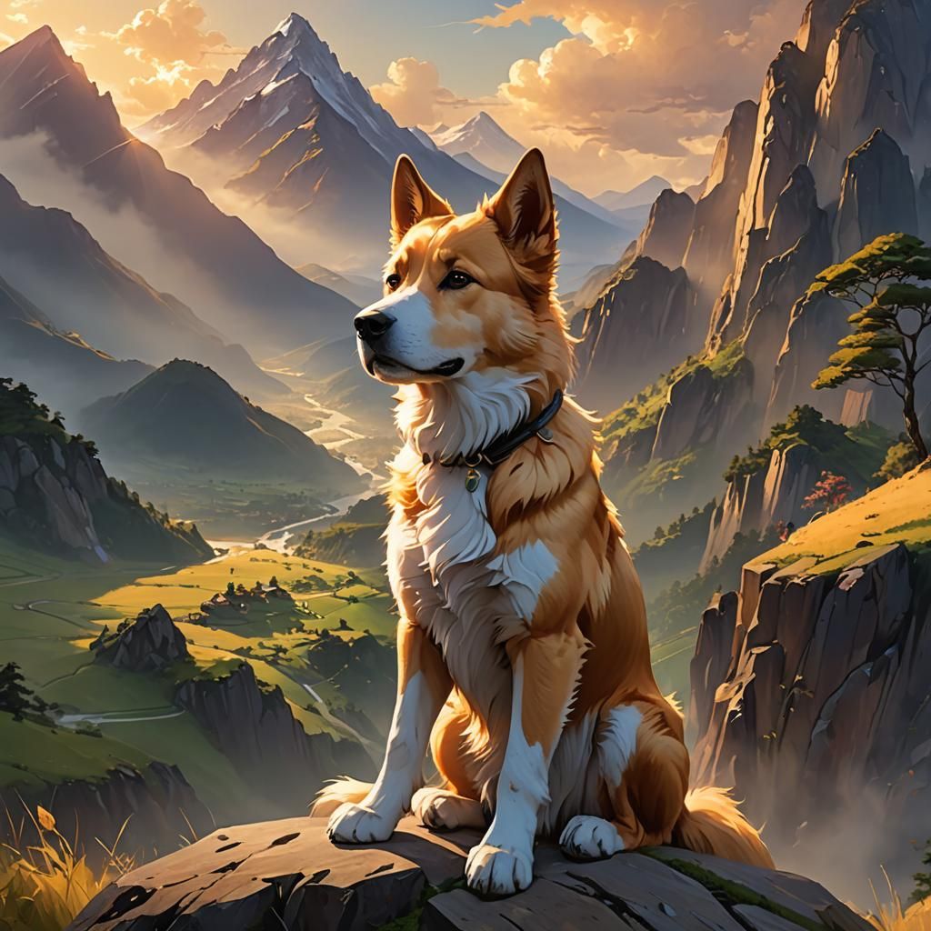 Loyal Dog at Mountain Foot in Anime Style