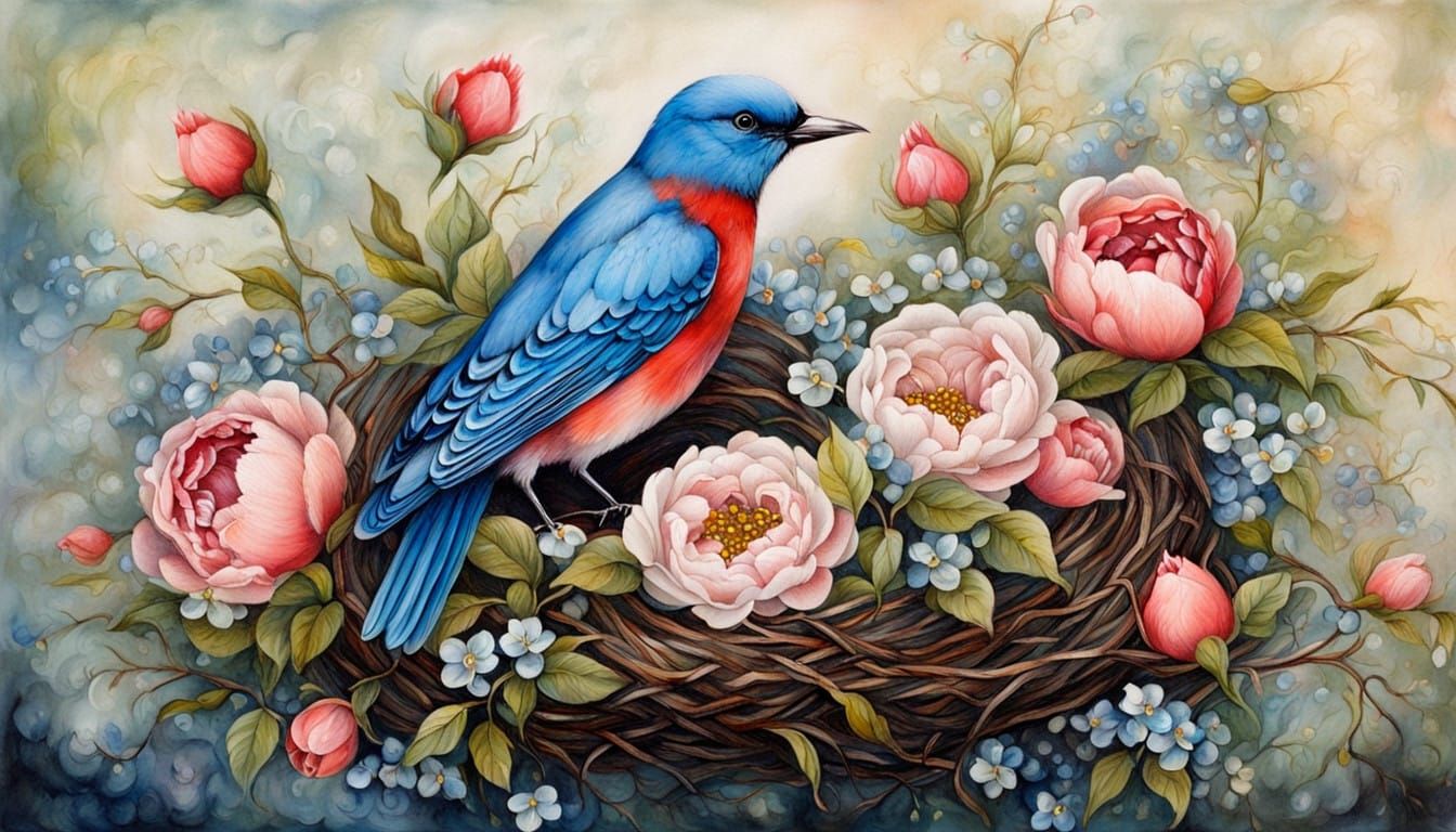 Birds Among Vibrant Blooms in a Whimsical Nighttime Scene