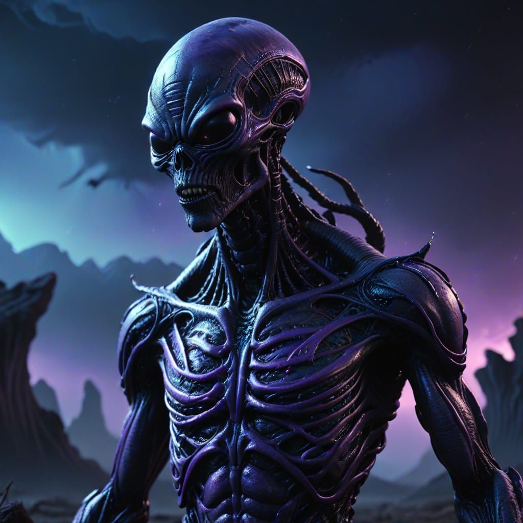 Ominous Black Alien in Sci-Fi Landscape