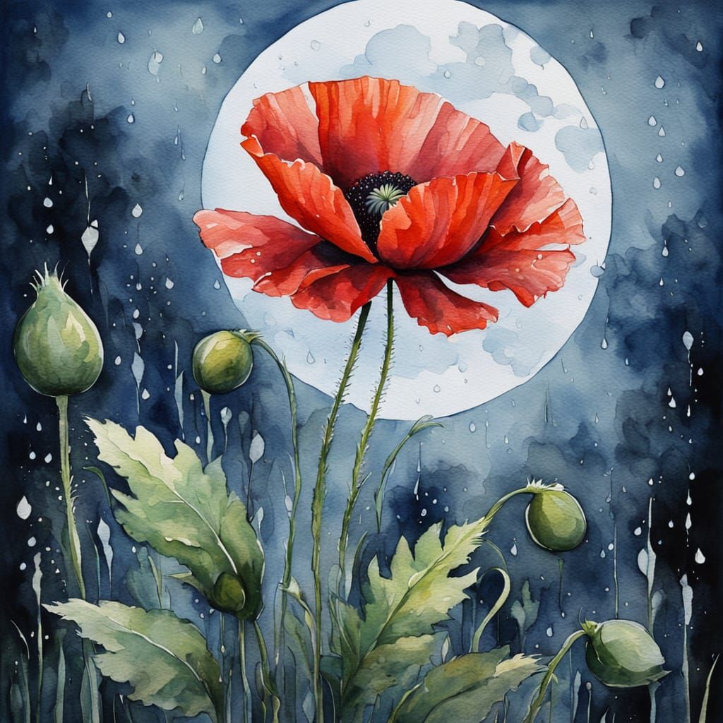 Tranquil Red Poppy Watercolor with Moonlit Rain
