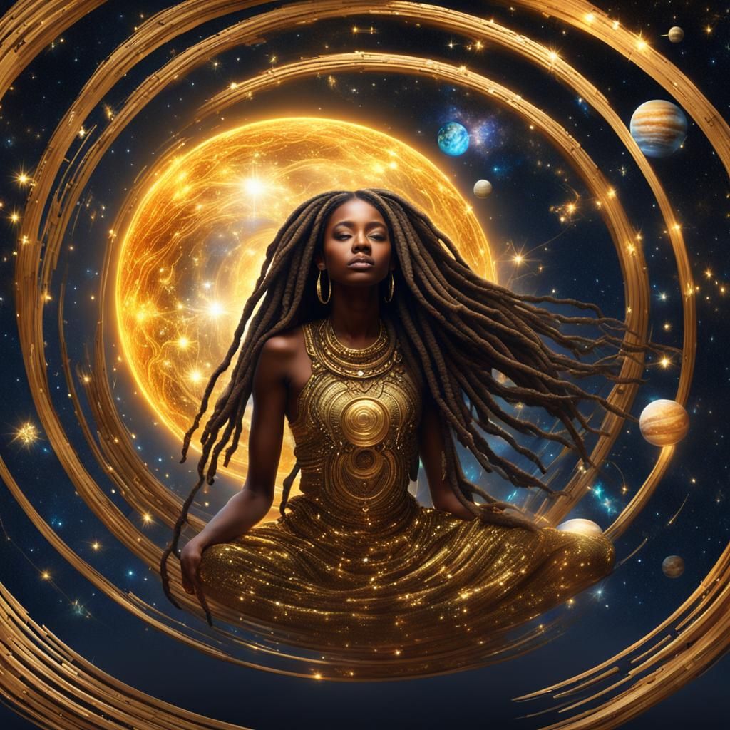 Goddess Floating in Space Portal with Gold