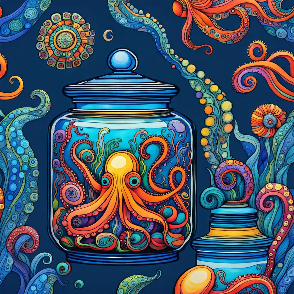 Psychedelic Octopus in Glass Jar: Post-Impressionistic Art
